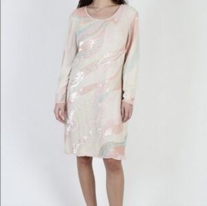 Vintage Sparkly 80s Pastel Sequin Dress, Eighties Shiny Beaded Party Outfit